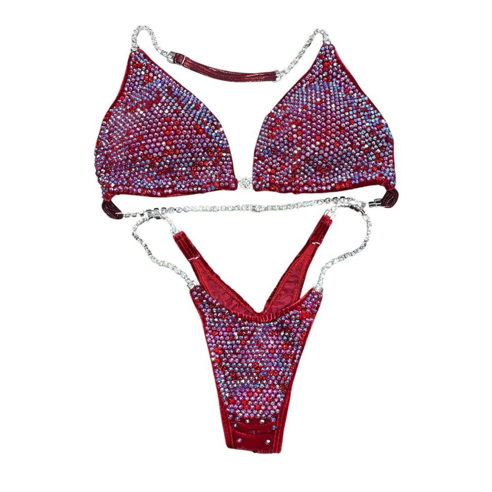 Angel Competition Diamond Pro Multicolor Velvet Red Bikini Set NPC/IFBB